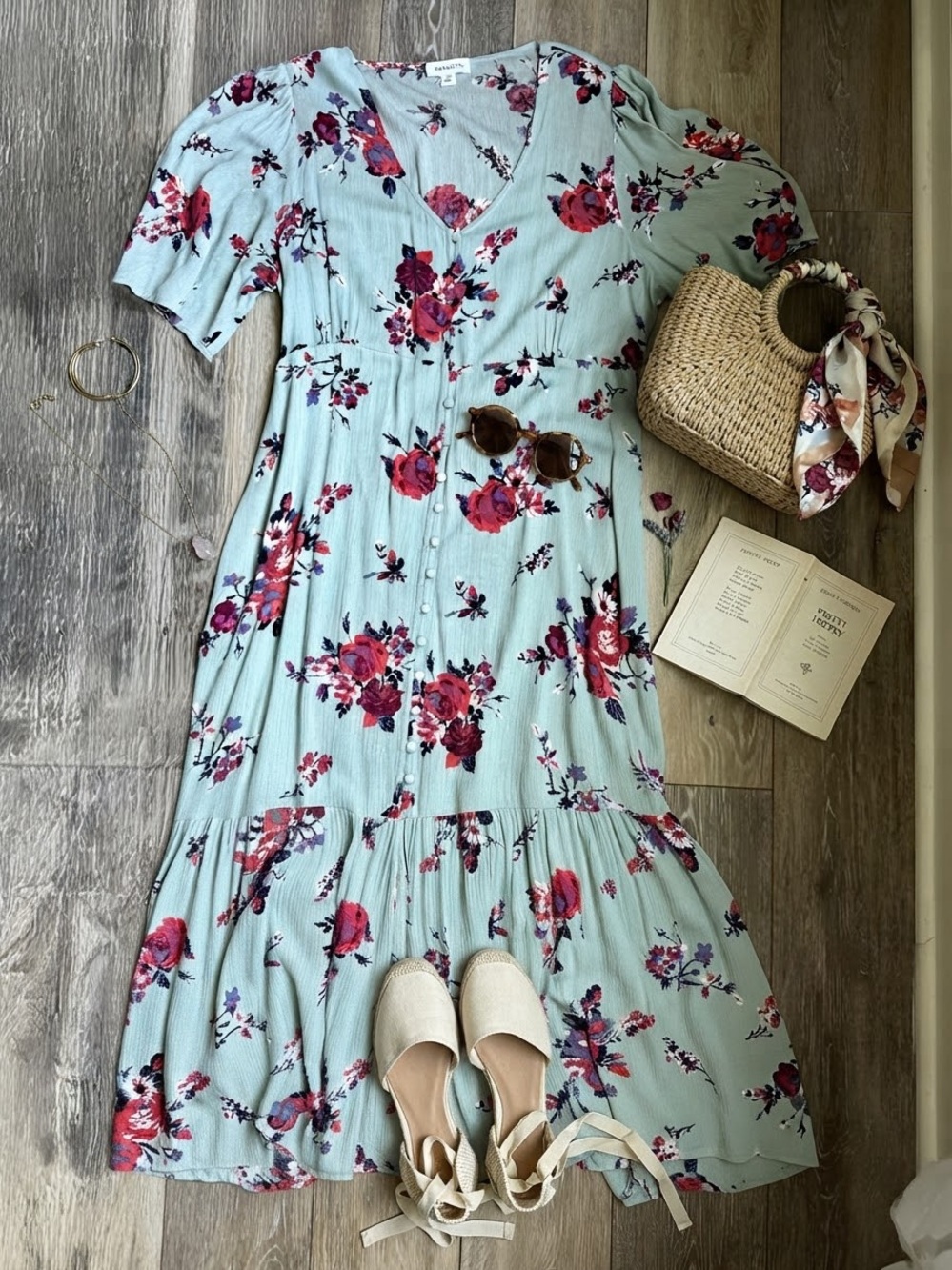 Hailey & Co Mint Floral V-Neck Button-Front Tiered Maxi — SIZE SMALL